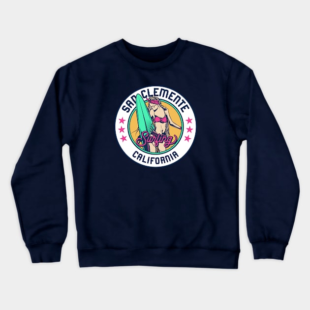 Retro Surfer Babe Badge San Clemente California Crewneck Sweatshirt by Now Boarding